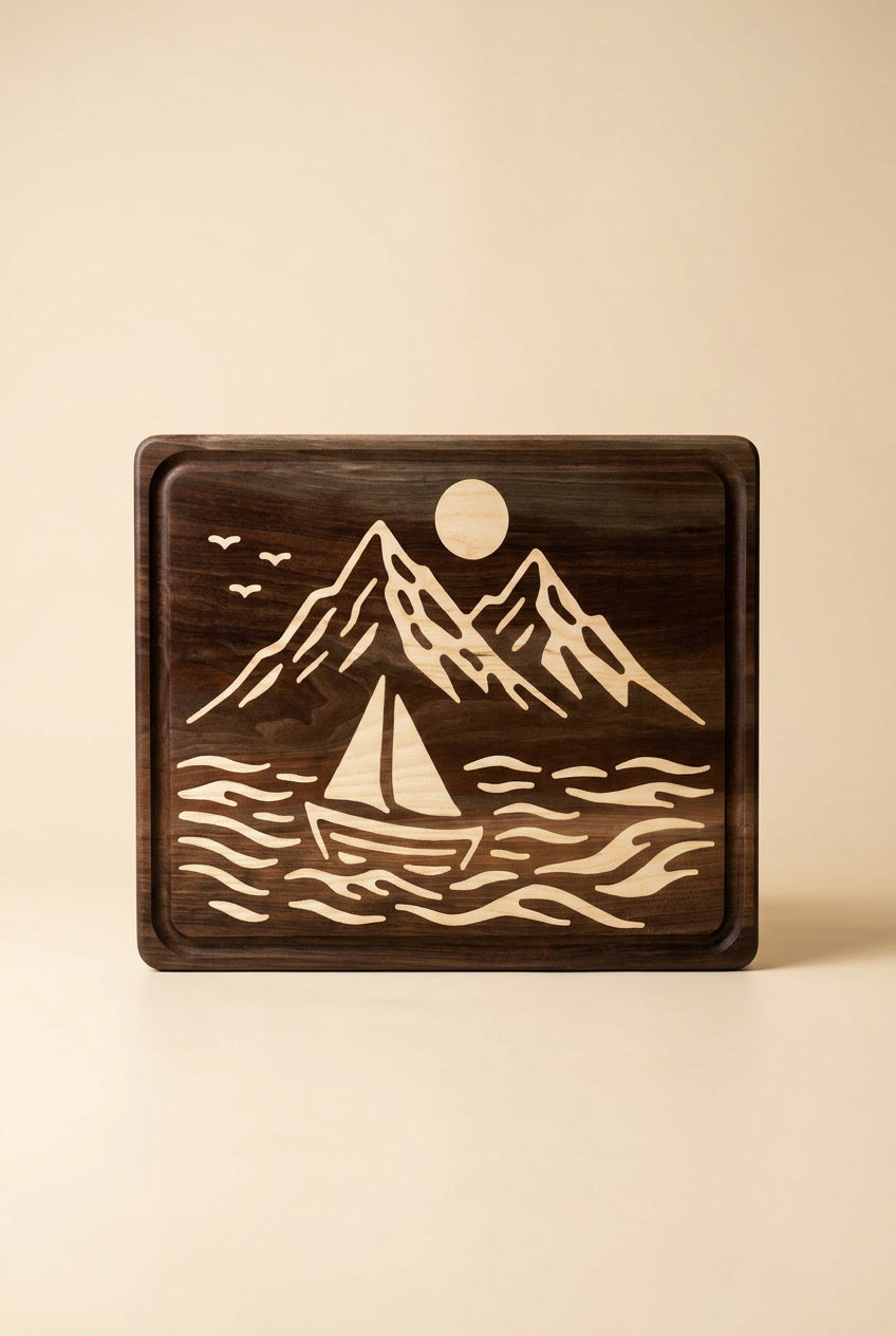 Mountain and Ocean Design Walnut Wood Cutting & Serving Board