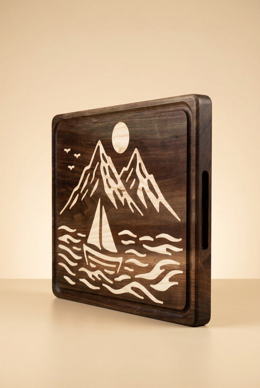 Mountain and Ocean Design Walnut Wood Cutting & Serving Board