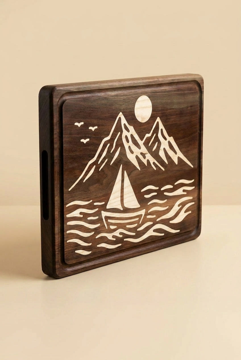 Mountain and Ocean Design Walnut Wood Cutting & Serving Board